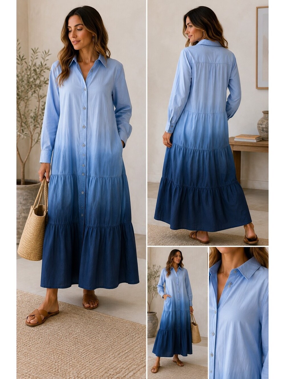 💙 Tibi Blue Ombré Tiered Maxi Shirt Dress Size 10